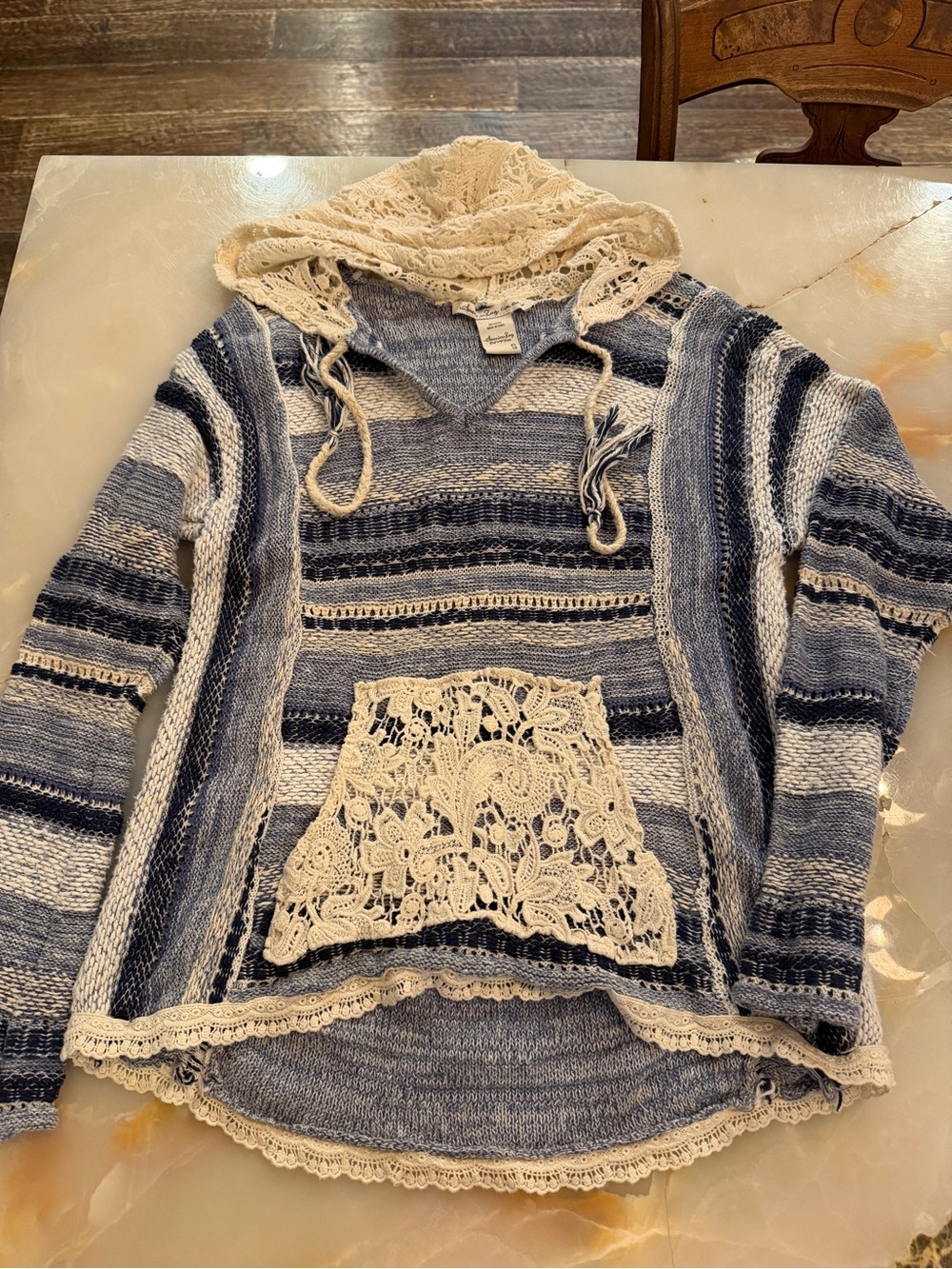 American Rag Striped Hoodie with Lace Trim in Blue & Cream